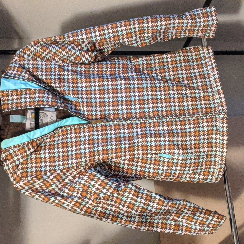 Burton teal and brown houndstooth coat